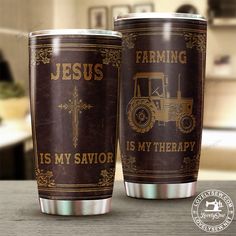 two travel mugs with the words jesus is my savor and an image of a tractor