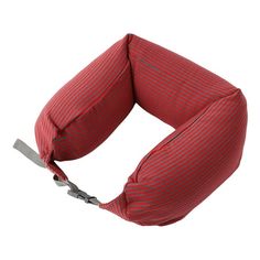 a red and black striped neck pillow on a white background with a clipping for the strap