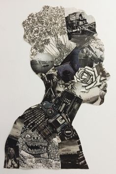 an altered collage of a woman's face with many different things on it