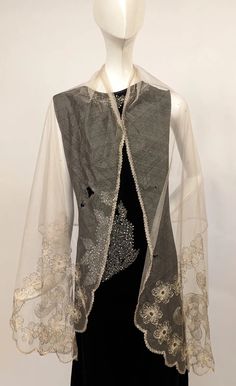 ANTIQUE EDWARDIAN SILK ILLUSION NET SHAWL FOR DRESS W METALLIC EMBROIDERY | eBay Festive Sheer Organza Dress, Sheer Organza Dupatta For Festive Occasions, Elegant Silk Embroidered Shawl Fabric, Elegant Silk Embroidered Shawl, Evening Dupatta With Intricate Embroidery, Vintage Fitted Shawl For Wedding, Fitted Vintage Shawl For Wedding, Elegant Silk Embroidered Fabric With Sheer Dupatta, Bohemian Organza Dress With Sheer Dupatta