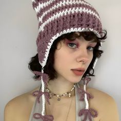 Stay warm and cute with this kawaii cat ear beanie, featuring a fun striped design. It's a delightful accessory for winter, adding a playful and funny touch to your cold-weather outfits. Kawaii aesthetic Striped design Pink, green, blue: strawberry pom pom tie strings Black: star pom pom tie strings Navy, purple: bow p Cat Ear Beanie, Purple Contacts, Ear Beanie, Cat Ears Hat, Cat Eared Beanie, Blue Strawberry, Purple Bow, Long Curly Wig, Winter Knit Hats