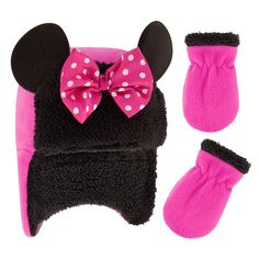 Featuring colorful Minnie Mouse imagery from Disney with fluffy Pom Poms, this cute and comfy cold-weather beanie accessory set is all your little Minnie Mouse fan will want to wear all winter. With Minnie Mouse at her side to keep her hands warm, she'll be ready for fun and adventure on even the snowiest of days. Pink Novelty Winter Hats, Playful Black Warm Hats, Fluffy Pom Poms, Winter Hat, Pom Poms, Hand Warmers, Pink Black, Cold Weather, Apparel Accessories