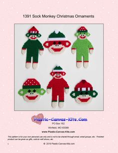 the sock monkey christmas ornament is shown in four different colors and sizes, including green