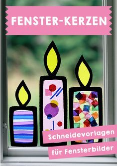 a window with some candles on it and the words fenster - krezen