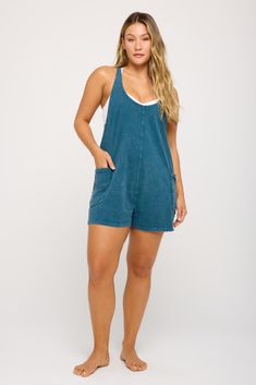 Just chill. A relaxed fit oversized romper. Designed with a scoop neck and racerback with side pockets. Made with Vintage Jersey fabric and a specialty Acid Mineral Wash, it's 100% cotton and has that perfectly worn-in feel. | Indy Relaxed Romper in Orion Blue Summer Cotton Shortalls With Relaxed Fit, Sleeveless Cotton Shortalls, Casual Style, Relaxed Fit Cotton Jumpsuits And Rompers For Leisure, Relaxed Fit Cotton Jumpsuits For Leisure, Casual Cotton Sleeveless Shortalls, Casual Shortalls With Side Pockets, Relaxed Cotton Jumpsuits And Rompers For Lounging, Cotton Jumpsuits And Rompers With Side Pockets For Leisure, Cotton Overalls With Side Pockets For Loungewear