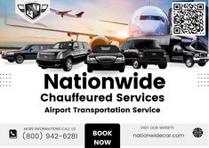 an advertisement for the national chauffied services airport transportation service, featuring cars and planes