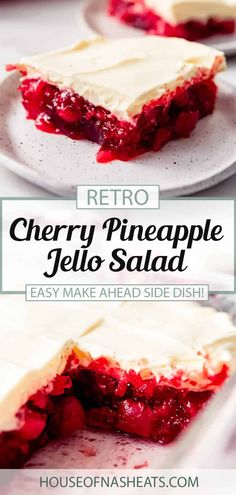 a slice of cherry pineapple jello salad on a plate