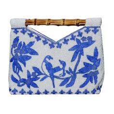 Fully Beaded White With Blue Flower & Bird Design Clutch With Bamboo H