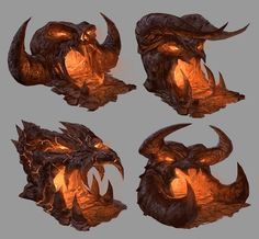 four different angles of the head of a demon