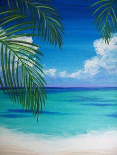 a painting of the ocean and beach with palm trees