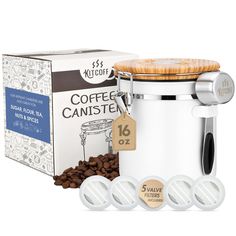 the coffee canister has four cups and is next to it's cardboard box