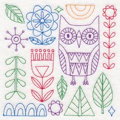 an embroidery pattern with flowers, leaves and an owl