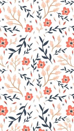 an orange and black floral pattern on a white background with blue, pink, and red flowers