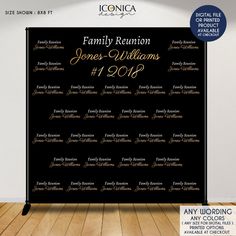 the family reunion sign is displayed in front of an empty room with wood floors and white walls