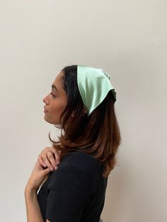 "At a glance - Double sided silk with coordinating ribbon ties - Gentle on your hair - More durable stretch silk - Ethically sewn in the UK Cottagecore goes luxe with our silk handkerchief headscarves. Add fresh green to your hair with our silk mint triangle hairscarf. Your silk Audrey headscarf is perfect for keeping your hair back during cosy days at home to teaming with your favourite prairie dress for rural adventures and picnics. Coordinating ribbons tie under your hair for a neat finish. A Elegant One Size Headband Bandana, Elegant One Size Bandana Headband, Elegant Headband Style Bandana, Elegant Summer Headscarf With Matching Headband, Elegant Summer Headscarf With Headband, Silk Handkerchief, Stretch Headband, Silk Accessories, Silk Hair