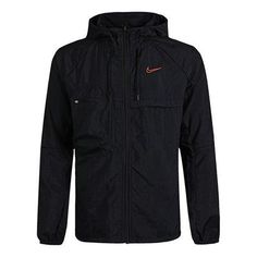 Men's Nike Logo Sports Hooded Jacket Black CU5000-010 Functional Sports Hooded Jacket, Functional Nylon Hooded Sports Jacket, Sporty Hooded Outerwear For Running, Hooded Technical Windbreaker For Running, Technical Hooded Windbreaker For Running, Functional Running Outerwear With Drawstring Hood, Functional Hooded Running Outerwear, Functional Outerwear With Drawstring Hood For Running, Functional Hooded Outerwear For Running