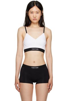 TOM FORD: White Signature Bra | SSENSE Medium Support Summer Bra, White Spaghetti Straps Sports Bra, Seamless Sports Bra With Elastane, Athleisure Camisole Sports Bra, Summer Sports Bra With Minimal Stretch, Loungewear Triangle Top Sports Bra, Tom Ford Bra Outfit, V-neck Bra For Loungewear, White Compressive Fit Bra