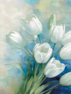 a painting of white tulips on a blue background