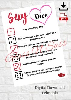 Sexy Dice Game, Adult Game, Valentine's Day, Date Night, Lovers, Romance, Naughty Game, Couples Game, Sexy Game, Dirty Dice Game Printable - Etsy Couple Dice Game, Dirty Dice Game, Dirty Games, Couple Game, Game Ideas For Adults, Spicy Games For Couples, Text Games For Couples, Fun Couple Games, Fun Games For Adults