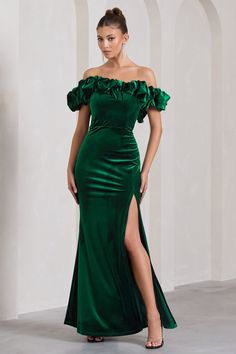 A fine trim of voluminous ruffles makes this short-sleeved maxi dress truly unforgettable. Perfect for bridesmaids or an upcoming birthday, our Esmeralda boasts a bardot silhouette made from luxurious green velvet with darts to define your waistline. More darts shape a floor-sweeping skirt which also features a striking side split. Features - Premium stretch velvet- Puff bardot sleeves- Shaping waist darts- Boned bodice- Concealed grip tape- Hook & zip closure- Leg split- Maxi length Sizing & Fit Model is 5'7" and wears UK size 8 / US size 4 Product Information Designed exclusively by Club L London Fully lined with some stretch Premium velvet in Bottle Green (88% Polyester, 12% Elastane) 157cm total length SKU: CL128794047 Midi Bridesmaid Dress, Velvet Prom Dress, Ruched Maxi Dress, Black Tie Gala, Short Sleeve Maxi Dresses, Chiffon Maxi, Bottle Green, Chiffon Maxi Dress, Red Mini Dress