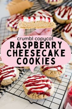 raspberry cheesecake cookies on a cooling rack with a speech bubble above them