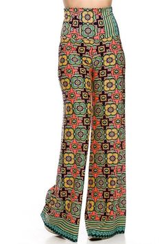 Uptown Fabulous stretchy high waist fold over waistband loose palazzo pants. Mod bold bright neon color print, tiles print. Tall inseam 33". Color: Neon Coral Sizes: S-M-L unfinished hem can be cut without unraveling Waist S 26-30, M 28-32, L 30-34, inseam 33", recommend for tall or with high heels 92% Polyester, 8% Spandex, Made in USA E1/B119A Luxury Multicolor Floral Print Palazzo Set, Luxury Stretch Multicolor Bottoms, Luxury Multicolor Stretch Bottoms, Luxury Multicolor Wide Leg Pants For Spring, Luxury Multicolor Wide Leg Pants For Summer, Luxury Multicolor Spring Pants, Luxury Multicolor Palazzo Set For Summer, Luxury Multicolor Cotton Pants, Luxury Multicolor Bottoms For Loungewear