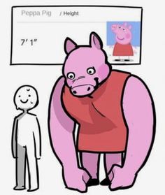 a man standing next to a pink cartoon character