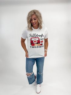 On Sundays We Tailgate Graphic Tee, Ash Grey Casual Letter Print T-shirt For Tailgating, White Casual Top For Tailgating, Casual White Top For Tailgating, Casual Crew Neck Tops For Tailgating, Casual Heather Grey Fan Merchandise Tops, Tailgate Graphic, Challenge Yourself, Grey Tee, Ash Grey