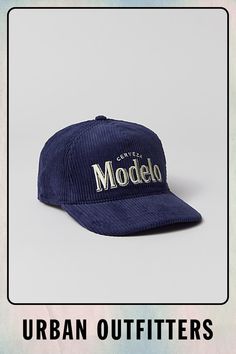 Cord texture paneled hat with Modelo text embroidered at the front. Adjustable snapback style with a curved brim. Features Corduroy cap in a classic silhouette Coors logo embroidery at the front Adjustable snapback closure Content + Care 100% Cotton Spot clean Imported | Modelo 5-Panel Cord Snapback Hat in Navy, Men's at Urban Outfitters Coors Logo, Corduroy Cap, Textured Panels, Panel Hat, Classic Silhouette, Clothing Apparel, Logo Embroidery, Snapback Hat, Embroidery Logo