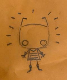 a drawing of a person standing in front of a bus on a yellow paper bag