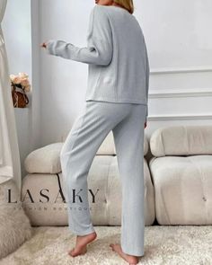 Lasaky - Classic Buttoned Waffle Knit Two-Piece Set, Featuring Round Neck Top and Drawstring Pants Sleepwear Women Pajamas, Knit Two Piece Set, Loungewear Outfits, Tie Waist Pants, Waffle Knit Top, Long Sleeve Print Dress, Womens Pyjama Sets, Round Neck Tops, Pajama Set Women