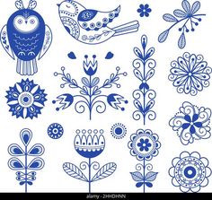 blue flowers and birds on white background - stock image