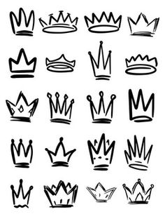 various crowns drawn in black and white on a white background, each with different shapes