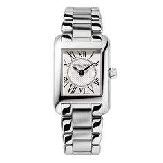 Timeless and luxurious, this striking women's 23mm watch from the Carree collection evokes glamour with its square shape. 23x21mm stainless steel case White dial with “clous de Paris” decoration Roman numeral indexes The stainless steel bracelet secures in place with a push-button fold-over clasp Water-resistant to 30m Paris Decor, Frederique Constant, Jared The Galleria Of Jewelry, Sport Chic, Skagen, Square Shape