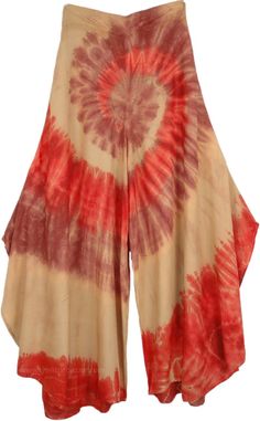 Spiral Tie Dye Curved Hem Divided Skirt | Brown | Split-Skirts-Pants, Misses, Vacation, Beach, Tie-Dye Summer Wide Leg Rayon Maxi Skirt, Summer Wide Leg Maxi Skirt In Rayon, Summer Festival Wide-leg Harem Pants, Summer Vacation Wide-leg Harem Pants, Summer Vacation Wide Leg Full Length Pants, Bohemian Harem Pants For Beach Season, Red Rayon Bottoms For Summer, Red Rayon Summer Bottoms, Wide Leg Harem Pants For Beach Season