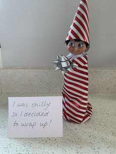 Have you thought about wrapping up Elf to keep him warm? Need more genius Elf on the Shelf ideas that are super easy to create at home? We've got plenty of inspiration for you! #elfontheshelf #elfideas #easyelfontheshelfideas #howtodoelfontheshelf #easyelfontheshelf #elfontheshelfhomeinspiration Elf Cold Ideas, Elf On The Shelf Ideas For Toddlers Day 1, Elf On The Shelf Ideas In A Classroom, Easy Elf Classroom Ideas, Elf On The Shelf Weekend Ideas, Elf On The Shelves Ideas Classroom, Elf On The Shelf Ideas Funny Hilarious Classroom, Elf On The Shelf Rhymes, Elf On The Shelf Feel Better