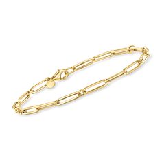 Ross-Simons - Italian 18kt Yellow Gold Paper Clip Link Bracelet. 8". Everyone loves paper clip links! Our must-have bracelet shines in rich 18kt yellow gold with a classic silhouette that looks luxe alone or paired with all of your favorite stackables. Made in Italy. Lobster clasp, 18kt yellow gold paper clip link bracelet. Classic Jewelry With Rectangular Links And Gold Clasp, Classic Jewelry With Gold Clasp And Rectangular Links, Classic White Gold Paperclip Chain Link Bracelet, Classic Chain Bracelet With Lobster Clasp, Elegant Gold Paperclip Chain Bracelet, Classic Gold Bracelet With Paperclip Chain, Classic Gold Bracelet With Box Chain And Link Shape, Classic Gold-tone Box Chain Bracelet, Yellow Gold Paperclip Bracelet With Oval Link Box Chain