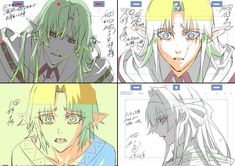 four different anime character sketches, one with green hair and the other with blue eyes