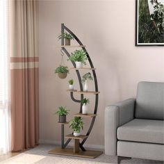 a corner shelf with potted plants on it next to a couch and chair in a living room