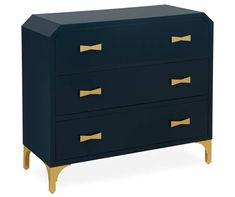 a black and gold dresser with three drawers