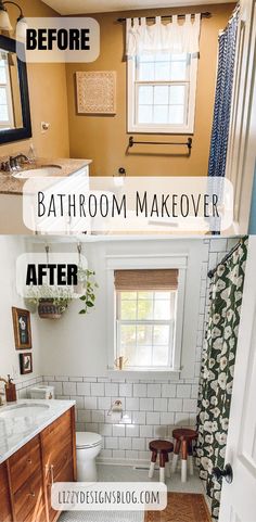 before and after photos of a bathroom makeover and complete remodel Old Bathroom Makeover, Cheap Bathroom Makeover, Old Houses Renovation, Home Remodel Before And After, Mobile Home Bathroom, Mobile Home Makeovers, Budget Remodel, Old Home Remodel, Cheap Ideas