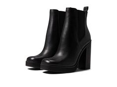 Steve Madden Triple Bootie - Women's Boots : Black Leather : Look bold and sophisticated wearing the Steve Madden Triple Bootie! Leather and textile upper. Textile and synthetic lining. Synthetic insole. Stitched welt and square toe. Pull tab for ease of getting on and off. Elasticated side inserts. Chunky heel and EVA platform. Synthetic outsole. Imported. Measurements: Heel Height: 4 1 2 in Weight: 1 lb 5 oz Shaft: 7 in Platform Height: 3 4 in Product measurements were taken using size 8.5, wi Casual Fitted Heels With Square Toe, Casual Square Toe Heels, Synthetic Ankle Boot Heels For Work, Synthetic Ankle Boot Heels For Workwear, Black Booties Outfit, Unsleeping City, Steve Madden Boots Ankle, Madden Boots, Steve Madden Boots