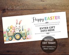 an easter gift card with a bunny driving a tractor and eggs on the back, in front of a wooden background