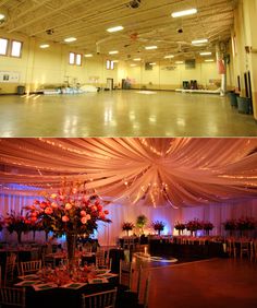 before and after photo of an indoor wedding venue with white drapes draped over the dance floor