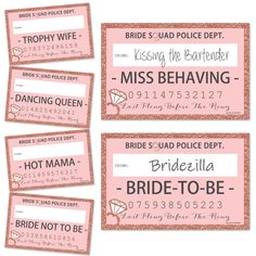 pink and gold bachelor party tickets with the bride to be written on them in black ink