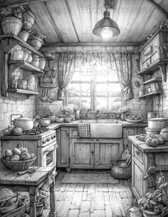 this is a black and white drawing of an old fashioned kitchen with lots of pots and pans on the stove