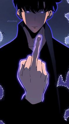 an anime character pointing to the right with his index finger in front of him and blue eyes