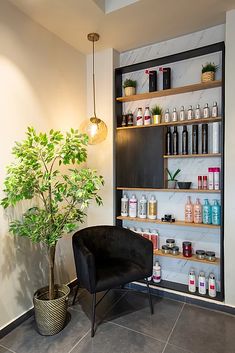 a room with a chair, potted plant and shelves filled with personal care products