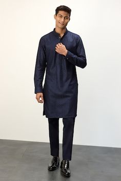 Navy blue straight kurta featuring dori embroidery all over. Paired with a straight solid pant. - Aza Fashions Eid Straight Kurta With Resham Embroidery, Eid Resham Embroidery Kurta With Straight Pants, Designer Kurta For Diwali With Straight Pants, Traditional Kurta For Workwear, Unstitched Traditional Wear Straight Pants For Eid, Traditional Bandhgala For Eid Workwear, Traditional Kurta For Festive Workwear, Unstitched Kurta With Straight Pants For Diwali, Traditional Festive Kurta For Workwear