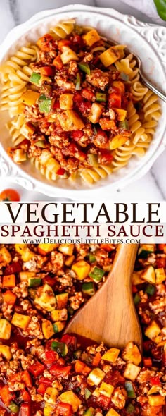 vegetable spaghetti sauce in a white bowl with a wooden spoon next to it and the title overlay reads, vegetable spaghetti sauce